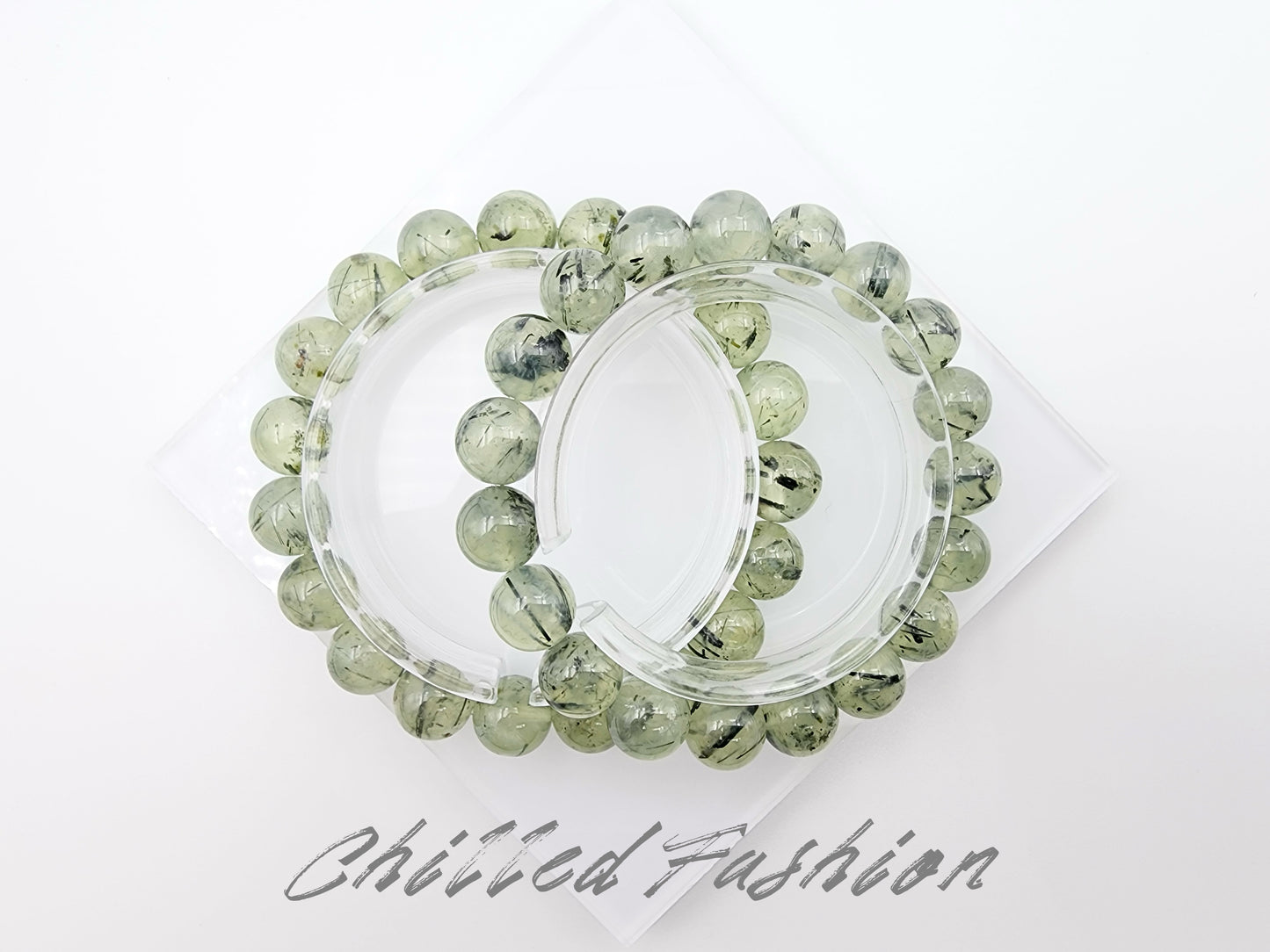 [Bracelet] Natural Prehnite with Black Rutiles Bracelet