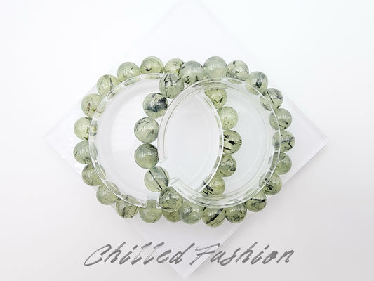 [Bracelet] Natural Prehnite with Black Rutiles Bracelet