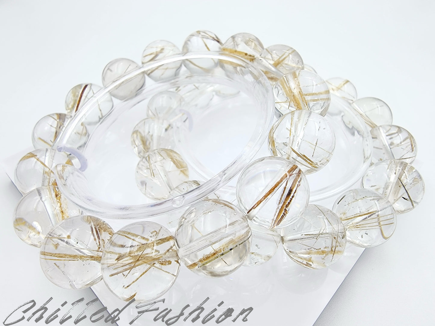 [Bracelet] 15mm Brazilian Snow Frost Rutilated Quartz Bracelet