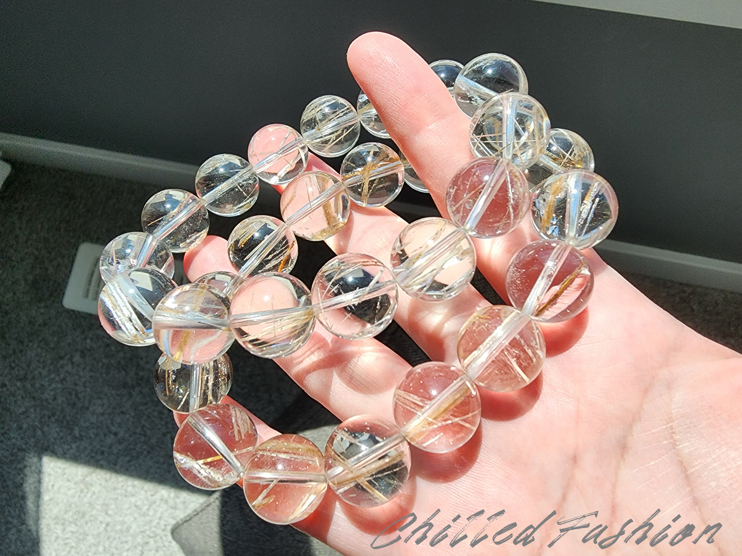 [Bracelet] 15mm Brazilian Snow Frost Rutilated Quartz Bracelet