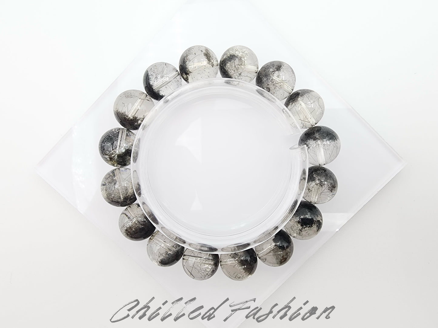 [Bracelet] Natural 13mm Black Phantom Quartz Bracelet with Black Rutile Inclusions