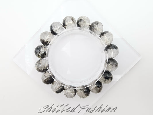 [Bracelet] Natural 13mm Black Phantom Quartz Bracelet with Black Rutile Inclusions