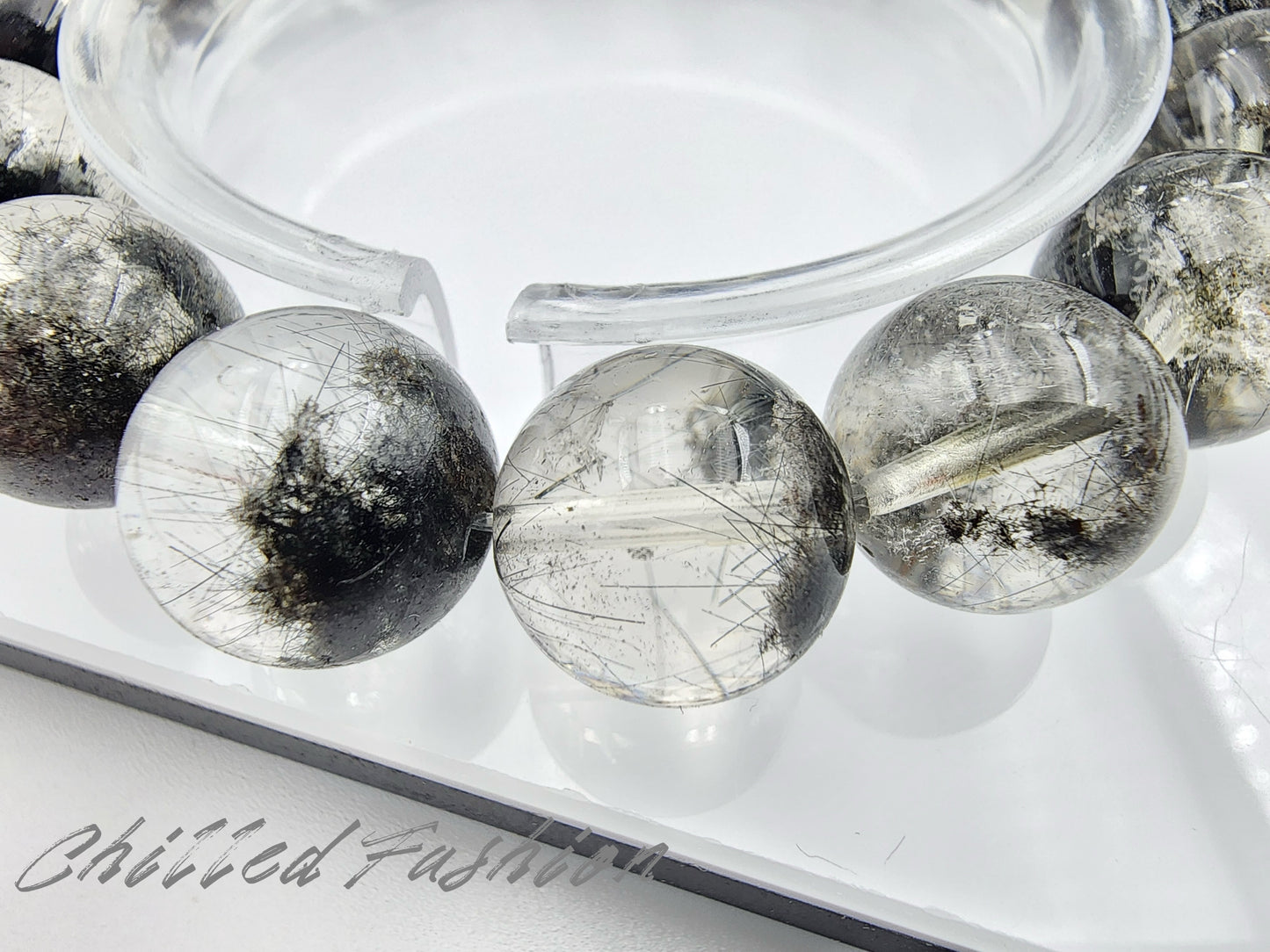 [Bracelet] Natural 13mm Black Phantom Quartz Bracelet with Black Rutile Inclusions