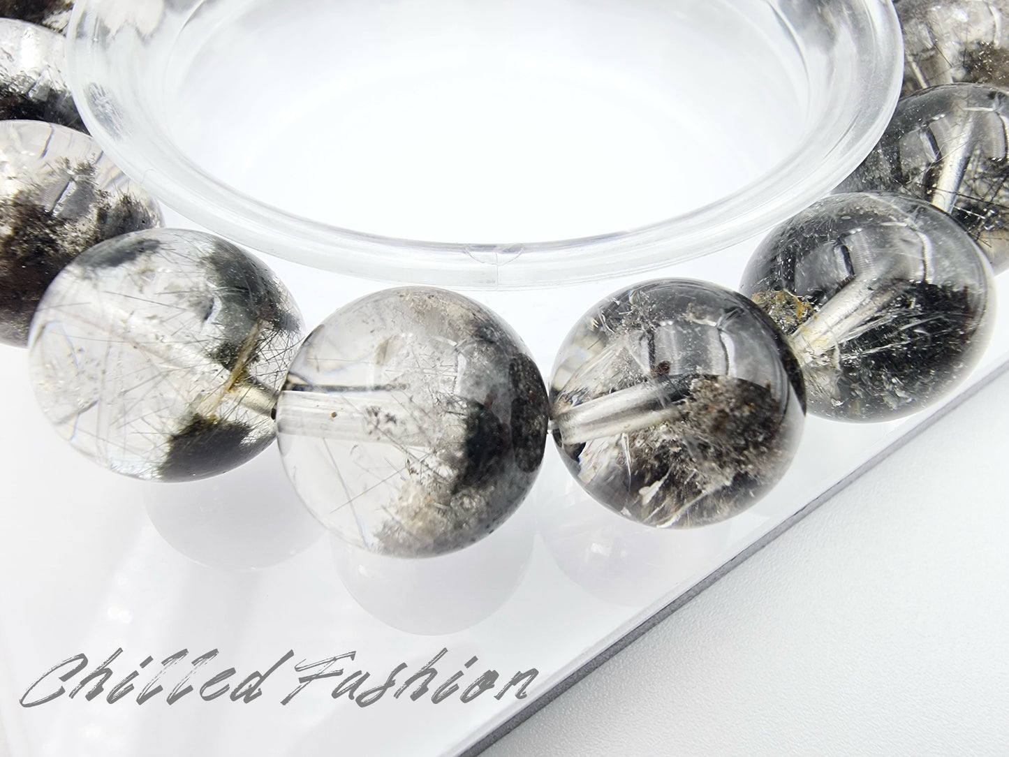 [Bracelet] Natural 13mm Black Phantom Quartz Bracelet with Black Rutile Inclusions