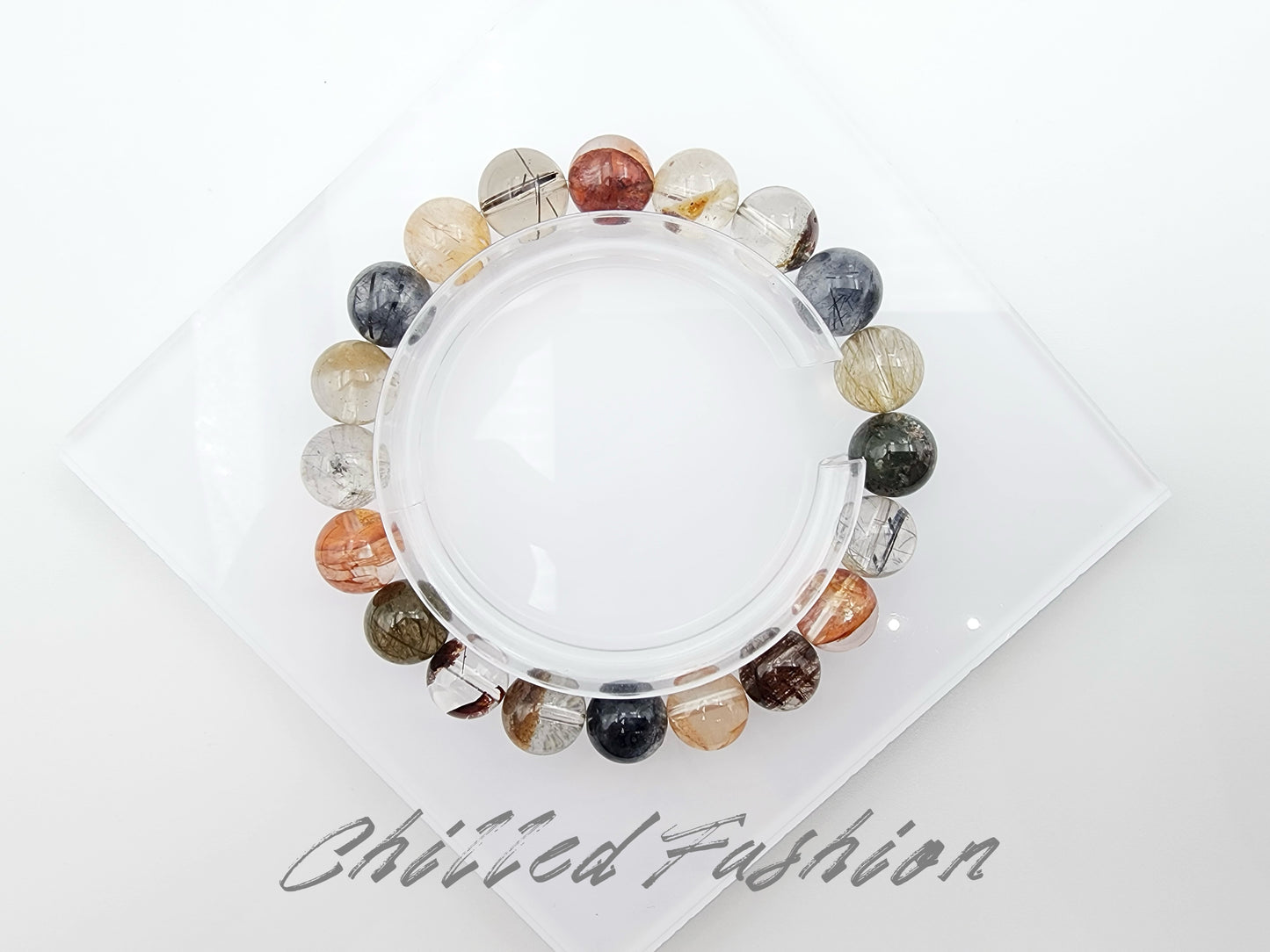 [Bracelet] Natural 10mm Quartz Bracelet with Rutilated, Phantom, and Hematoid Quartz