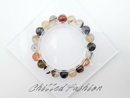 [Bracelet] Natural 10mm Quartz Bracelet with Rutilated, Phantom, and Hematoid Quartz