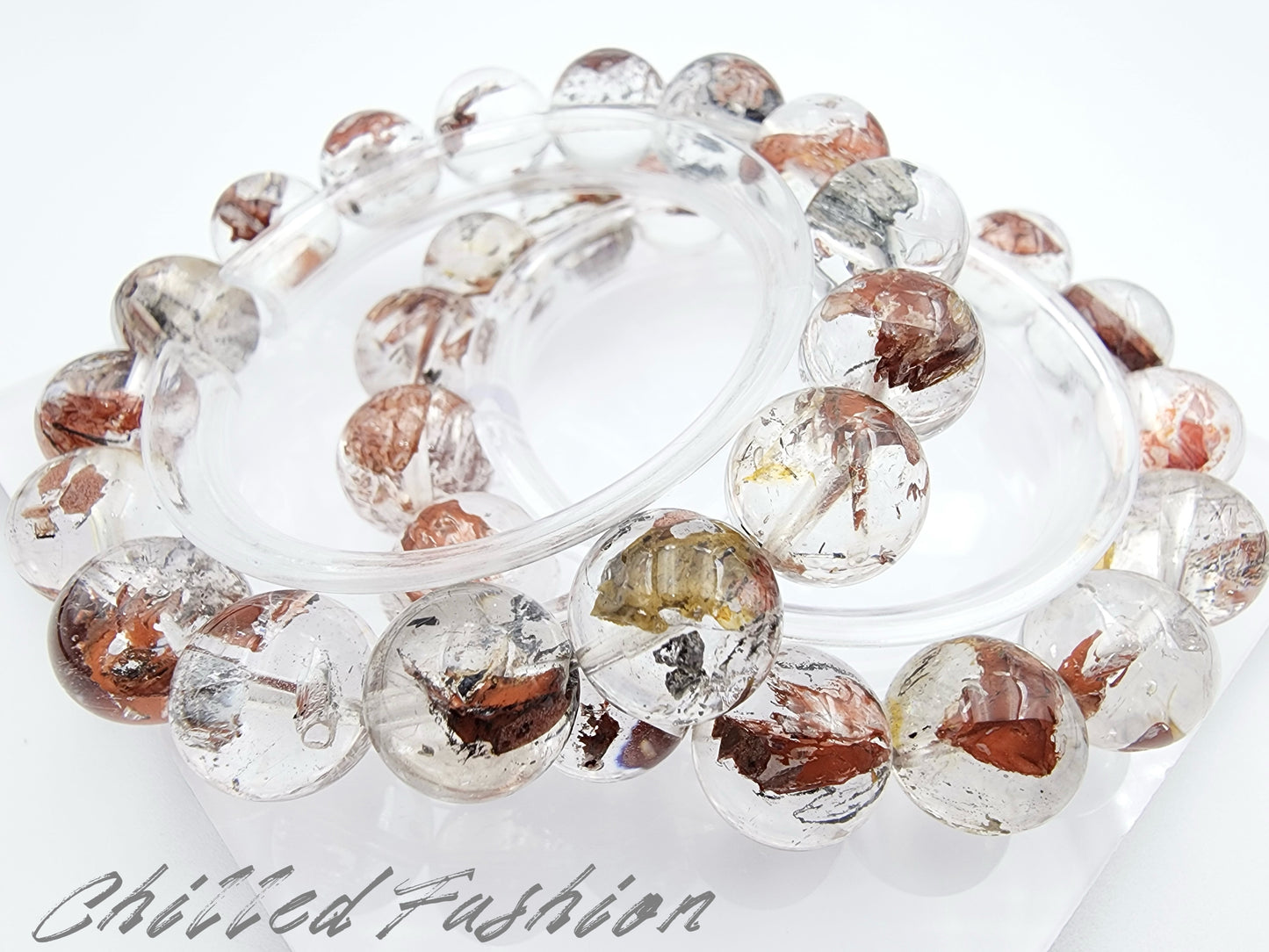 [Bracelet] 13mm Red Clay Skeletal Herkimer Quartz Bracelet (Madagascar)