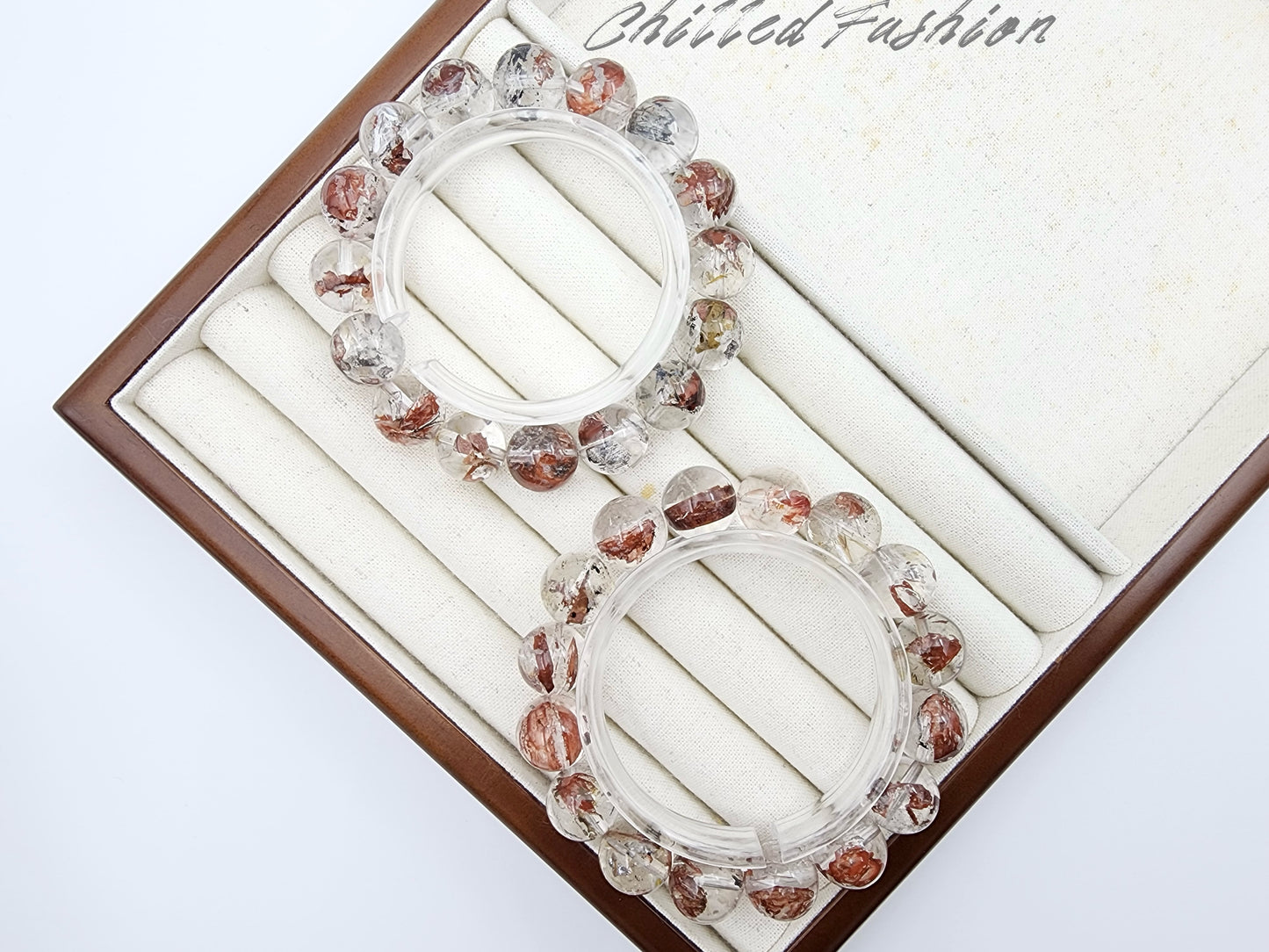 [Bracelet] 13mm Red Clay Skeletal Herkimer Quartz Bracelet (Madagascar)