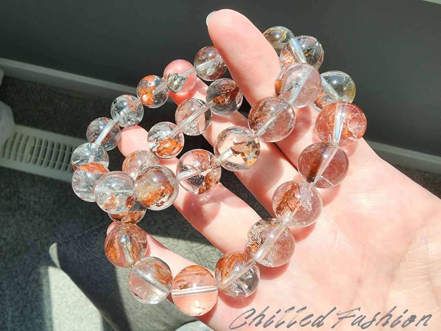 [Bracelet] 13mm Red Clay Skeletal Herkimer Quartz Bracelet (Madagascar)