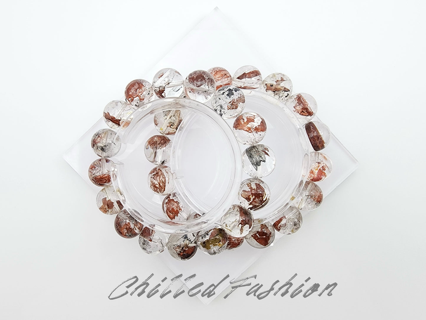 [Bracelet] 13mm Red Clay Skeletal Herkimer Quartz Bracelet (Madagascar)