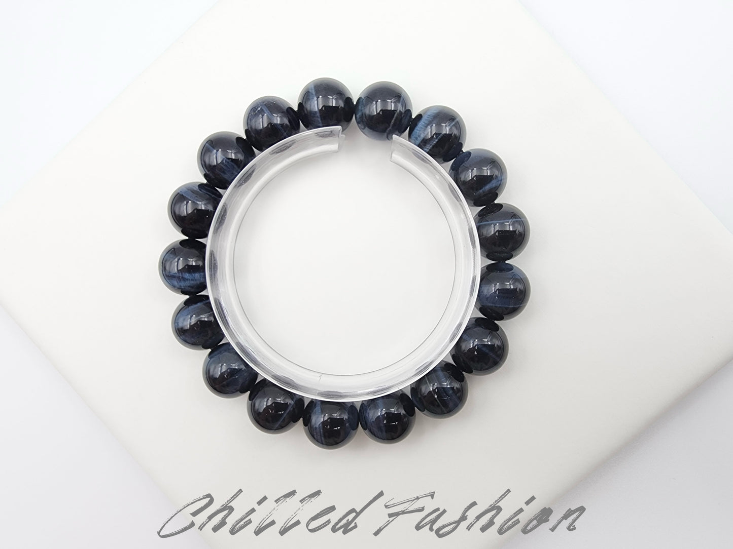 [Bracelet] Calming Blue Tiger's Eye Bracelet: 12mm Round Beads for Strength & Clarity