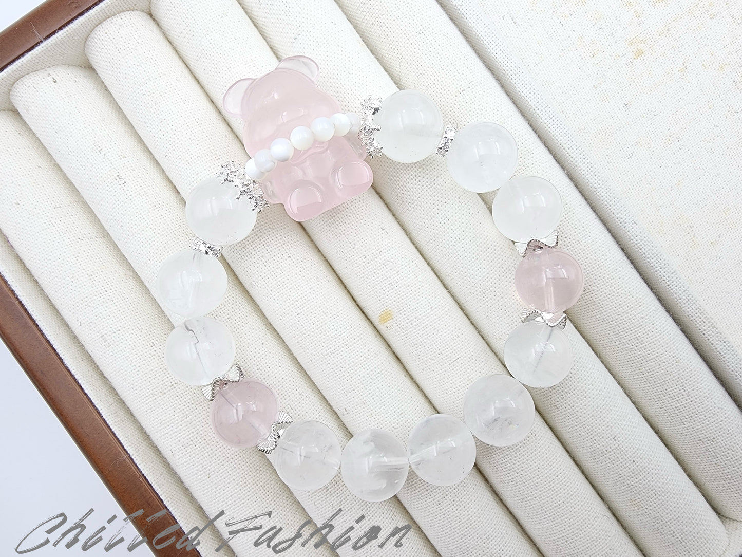 [Bracelet] Rose Quartz & Snow Quartz Bracelet - 12mm Beaded Bracelet with Bear Charm