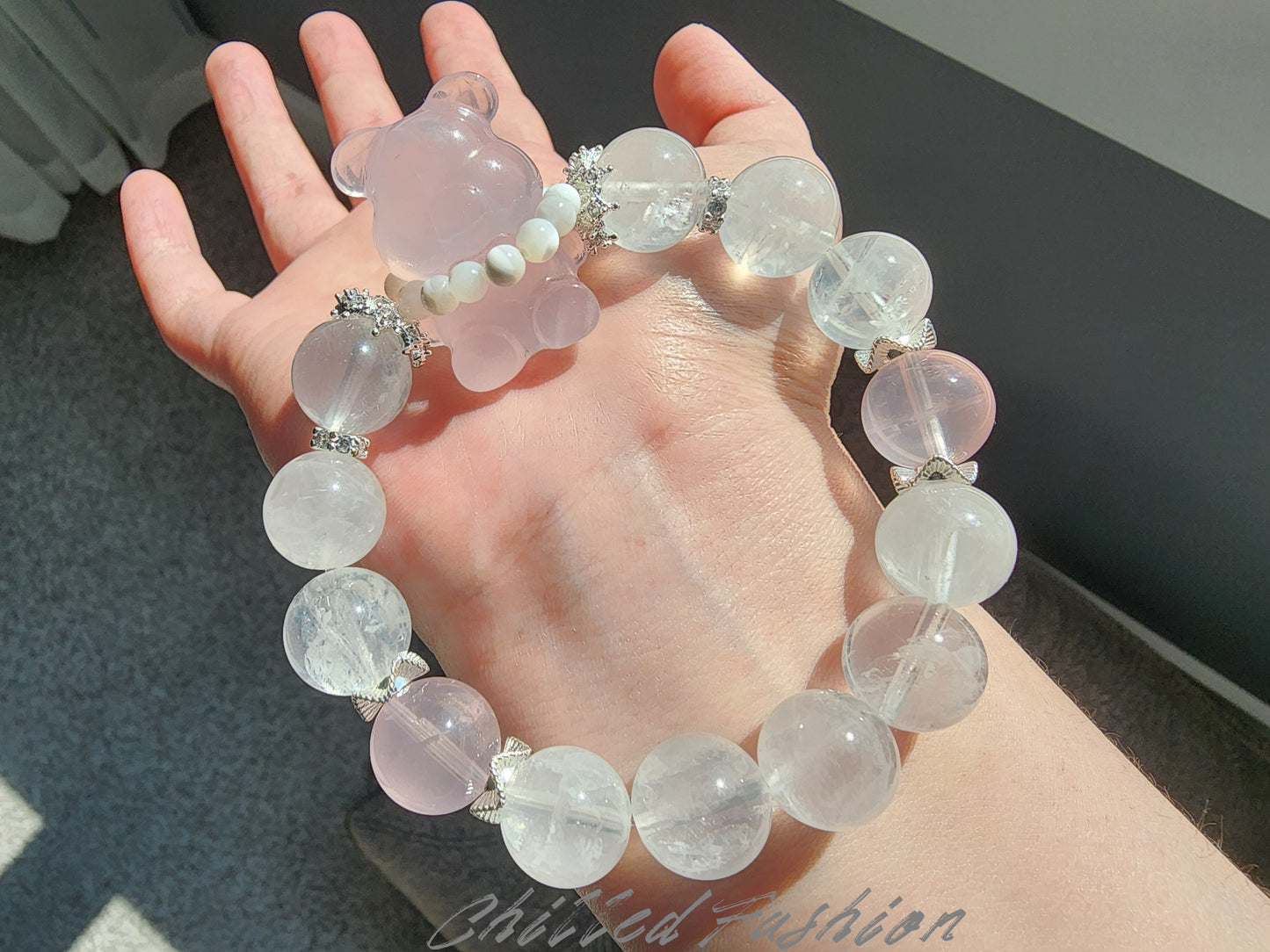 [Bracelet] Rose Quartz & Snow Quartz Bracelet - 12mm Beaded Bracelet with Bear Charm