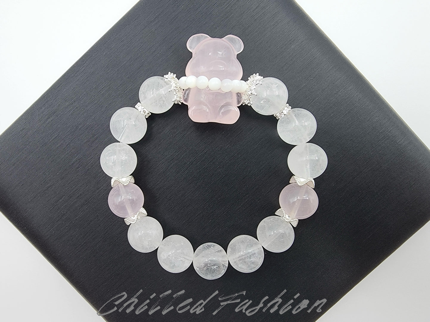 [Bracelet] Rose Quartz & Snow Quartz Bracelet - 12mm Beaded Bracelet with Bear Charm