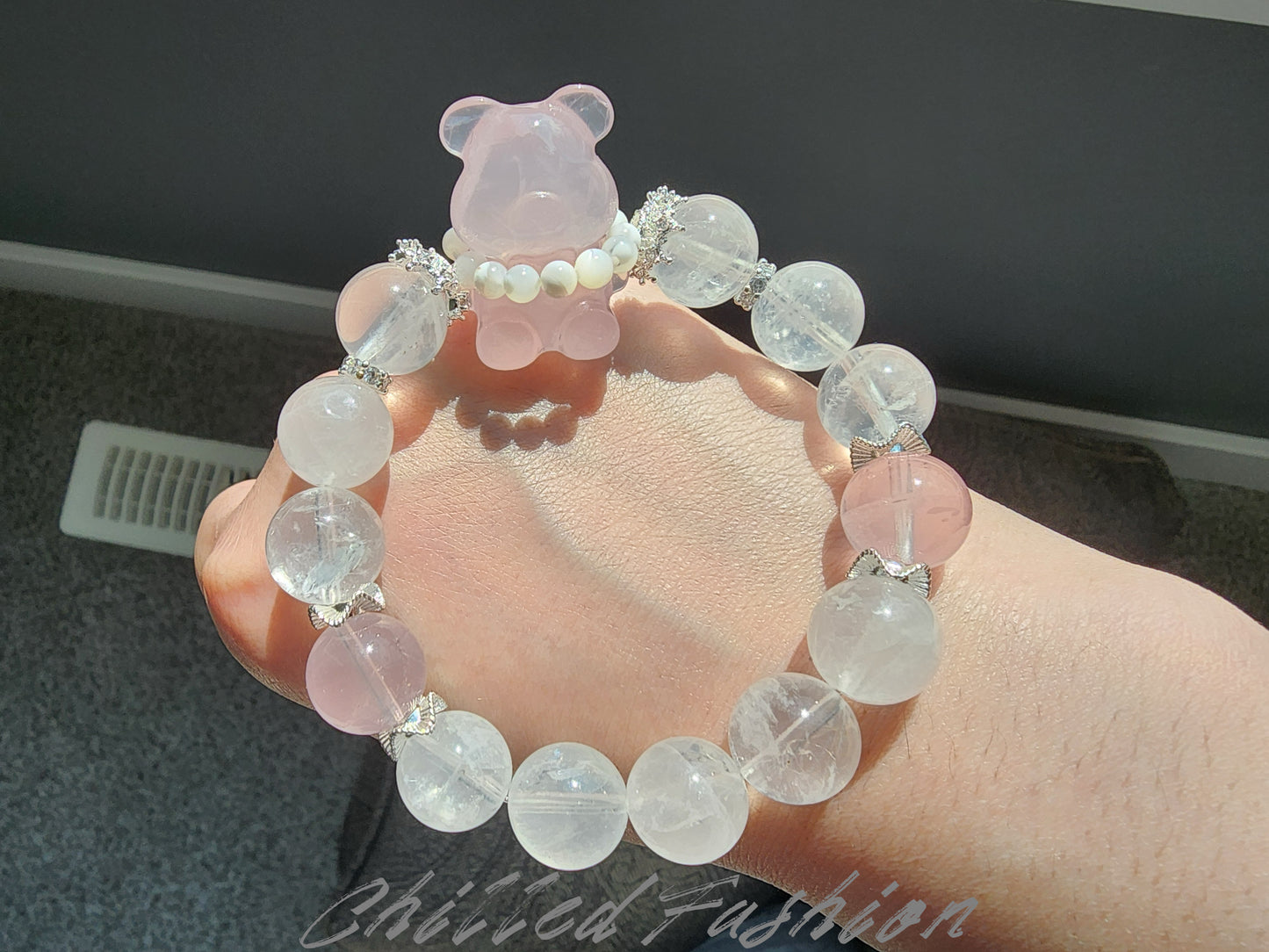[Bracelet] Rose Quartz & Snow Quartz Bracelet - 12mm Beaded Bracelet with Bear Charm