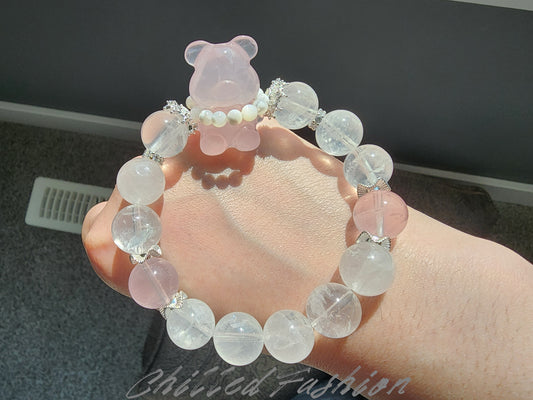[Bracelet] Rose Quartz & Snow Quartz Bracelet - 12mm Beaded Bracelet with Bear Charm