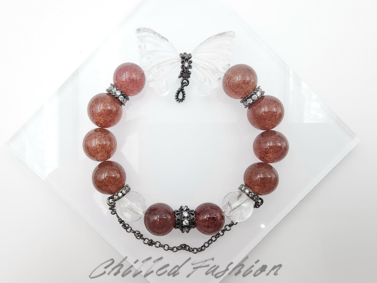 [Bracelet] 12mm Strawberry Quartz and Clear Quartz Bracelet with Carved Butterfly Wings