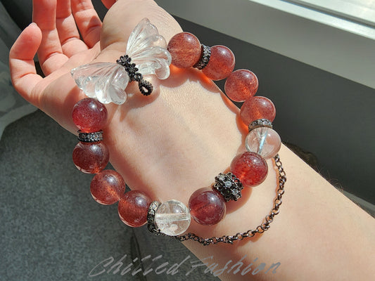 [Bracelet] 12mm Strawberry Quartz and Clear Quartz Bracelet with Carved Butterfly Wings