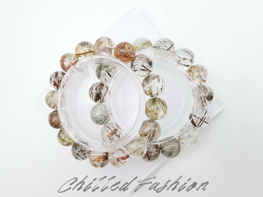 [Bracelet] 15mm Colorful Snow Frost Rutilated Quartz Bracelet