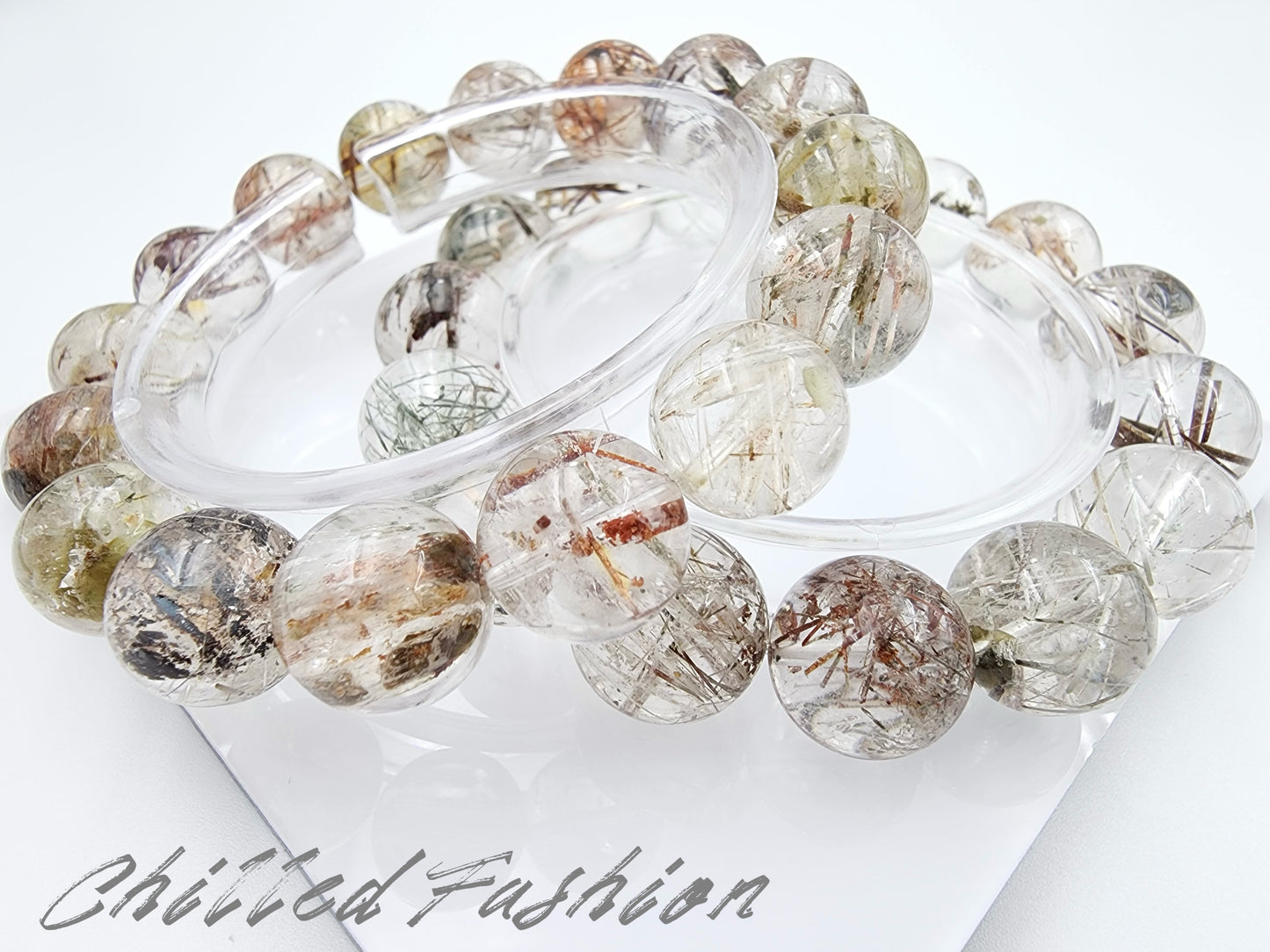 [Bracelet] 15mm Colorful Snow Frost Rutilated Quartz Bracelet