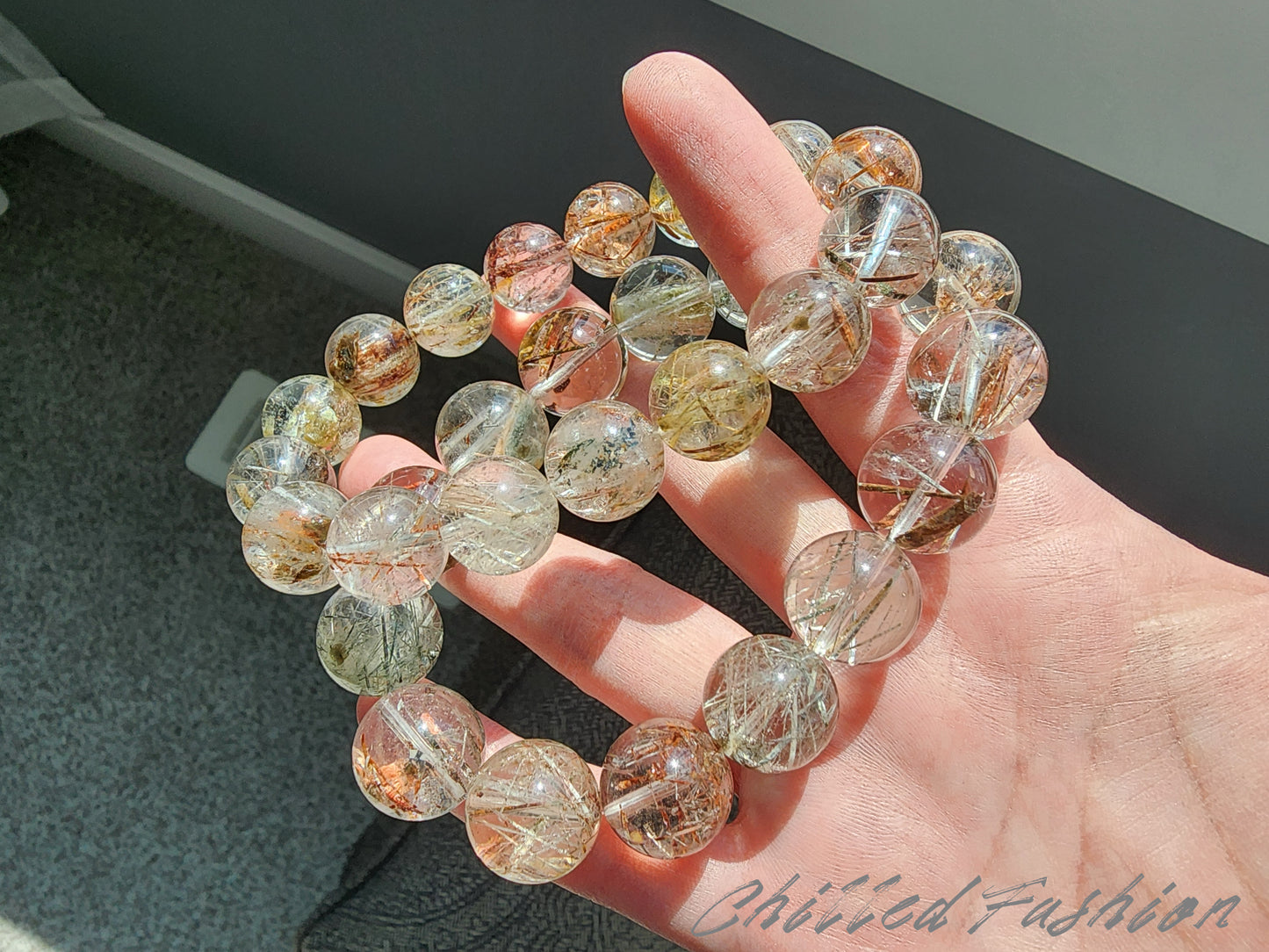 [Bracelet] 15mm Colorful Snow Frost Rutilated Quartz Bracelet