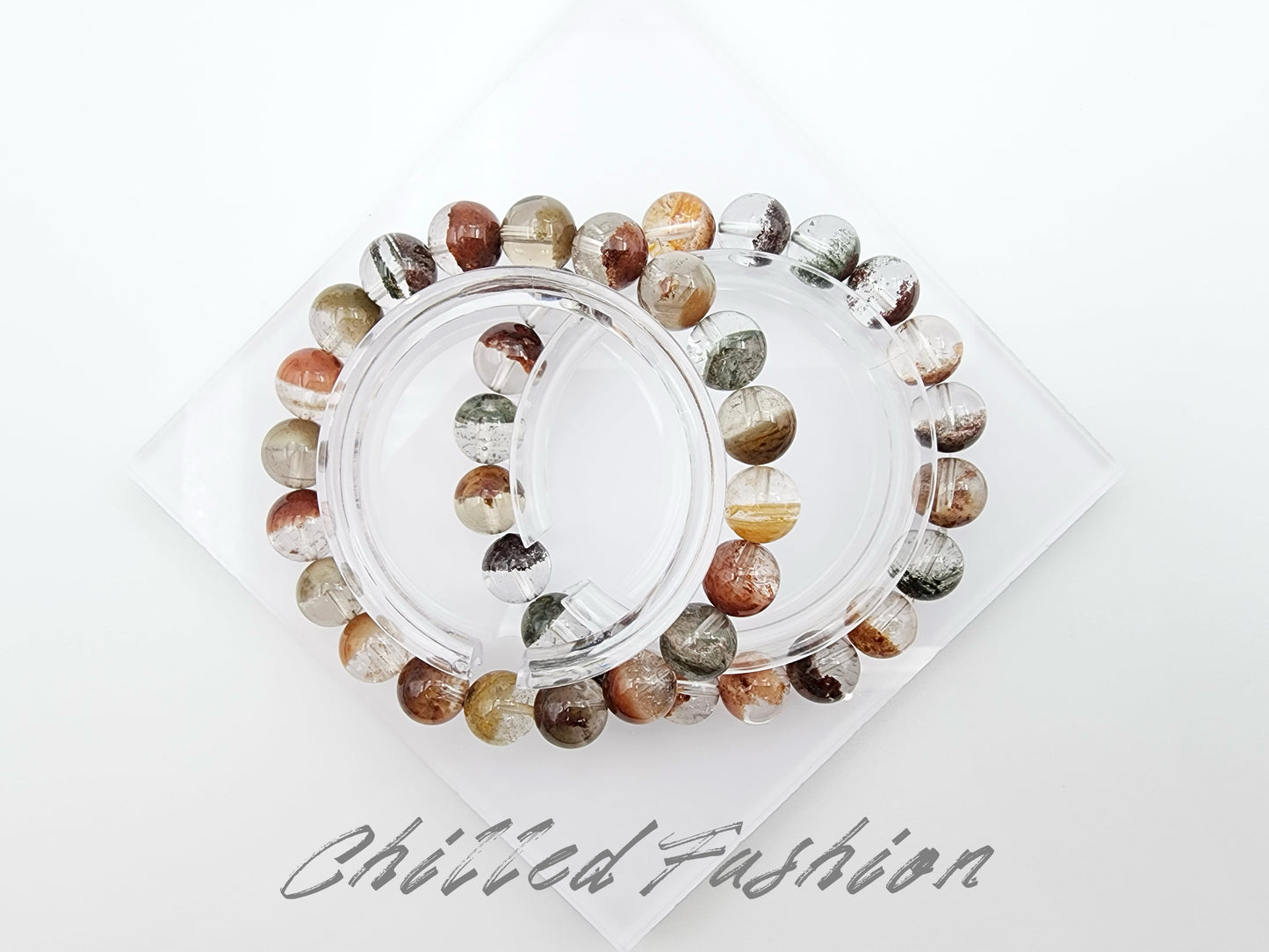 [Bracelet] 9mm Colorful Phantom Quartz Bracelet with Half Bowl Inclusions