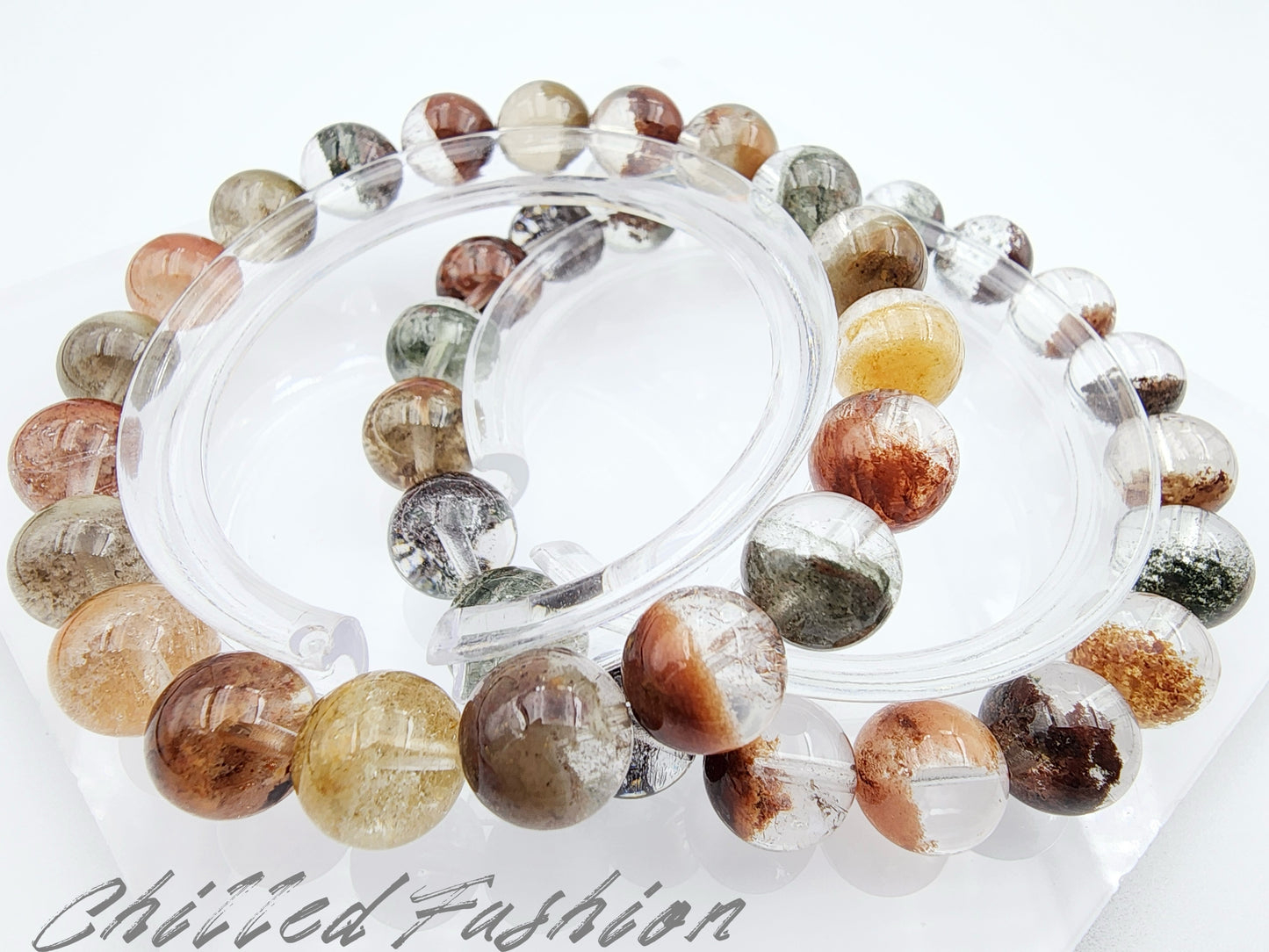 [Bracelet] 9mm Colorful Phantom Quartz Bracelet with Half Bowl Inclusions