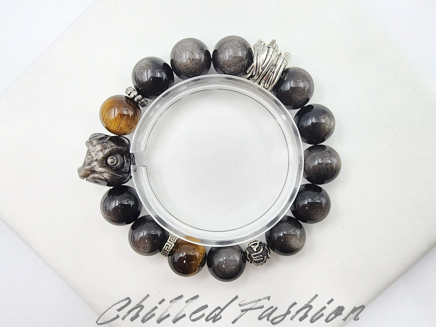 [Bracelet] 12mm Silver Obsidian Bracelet with Tiger's Eye and Lion Charm Bead
