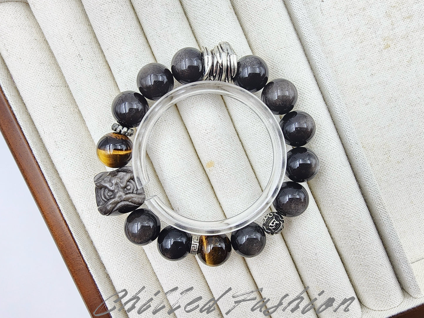 [Bracelet] 12mm Silver Obsidian Bracelet with Tiger's Eye and Lion Charm Bead