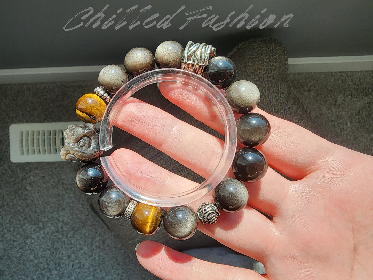 [Bracelet] 12mm Silver Obsidian Bracelet with Tiger's Eye and Lion Charm Bead