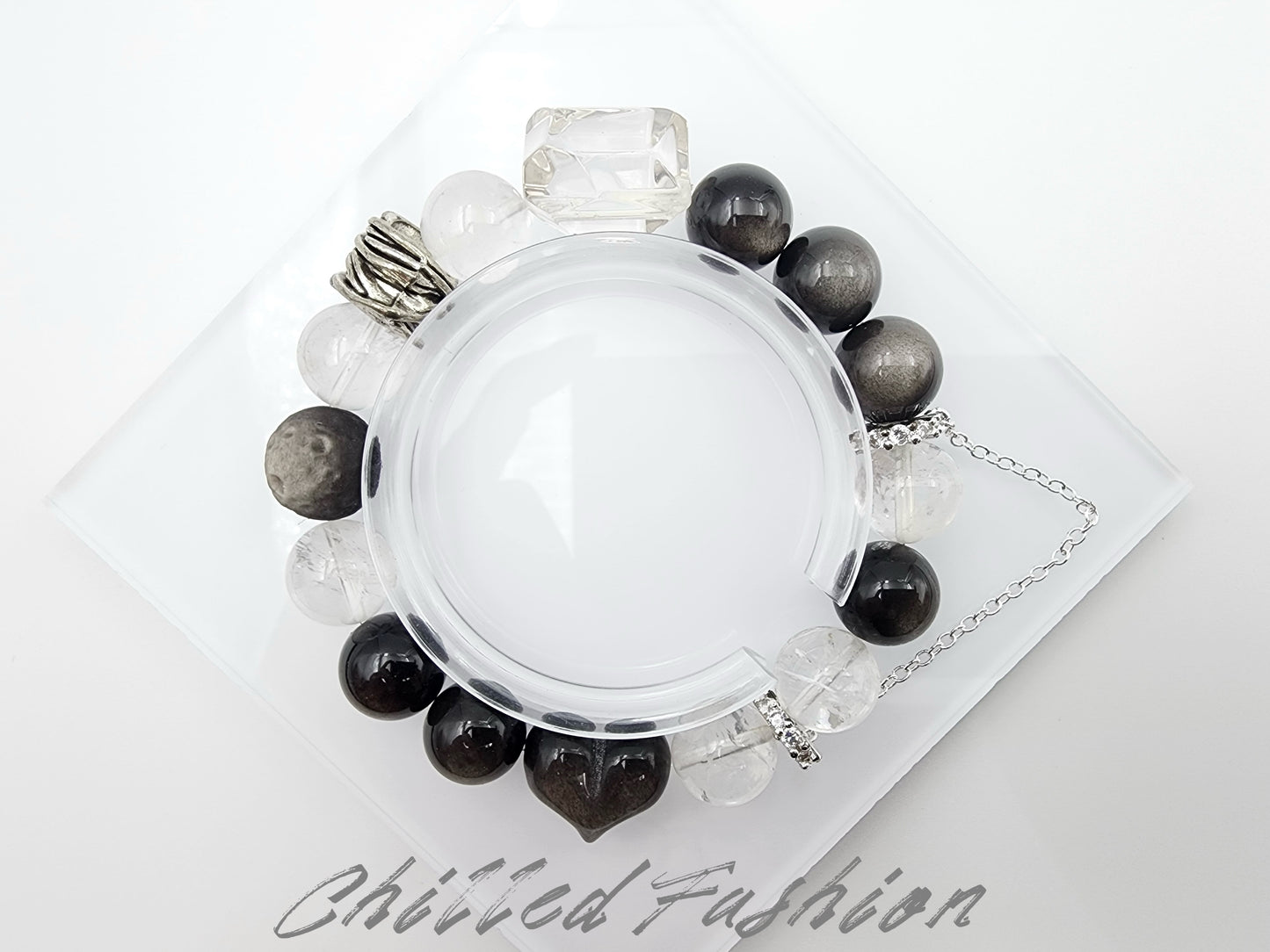 [Bracelet] 12mm Natural Silver Obsidian with Clear Quartz Bracelet