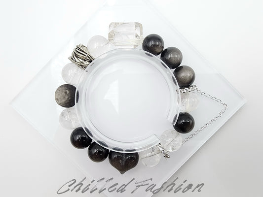[Bracelet] 12mm Natural Silver Obsidian with Clear Quartz Bracelet