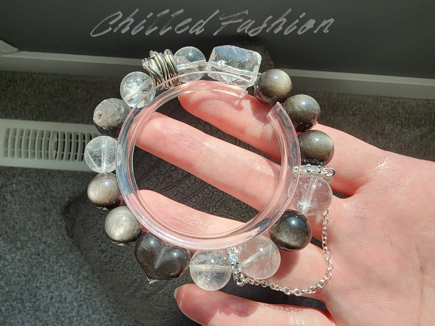 [Bracelet] 12mm Natural Silver Obsidian with Clear Quartz Bracelet