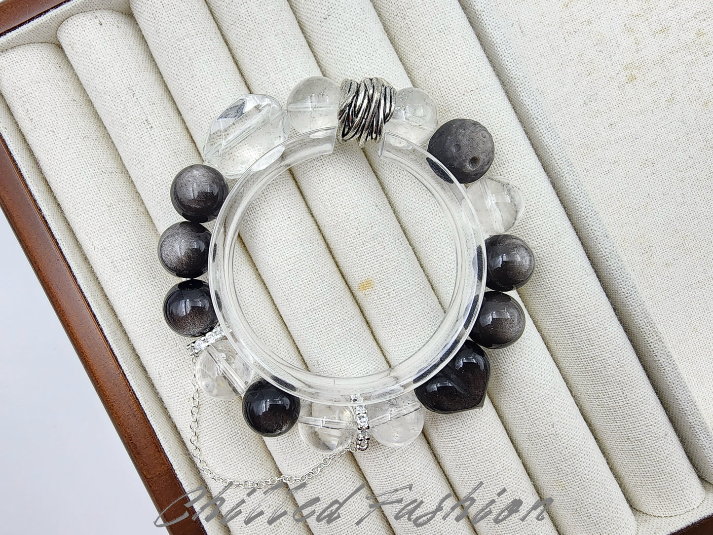 [Bracelet] 12mm Natural Silver Obsidian with Clear Quartz Bracelet