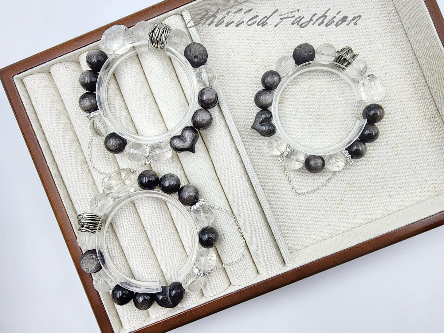 [Bracelet] 12mm Natural Silver Obsidian with Clear Quartz Bracelet