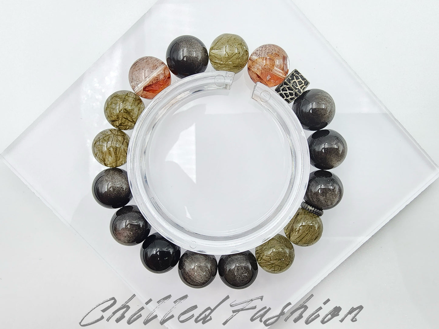 [Bracelet] 12mm Triple Gemstone Bracelet: Silver Obsidian, Green Rutilated Quartz, Red Hematoid Quartz