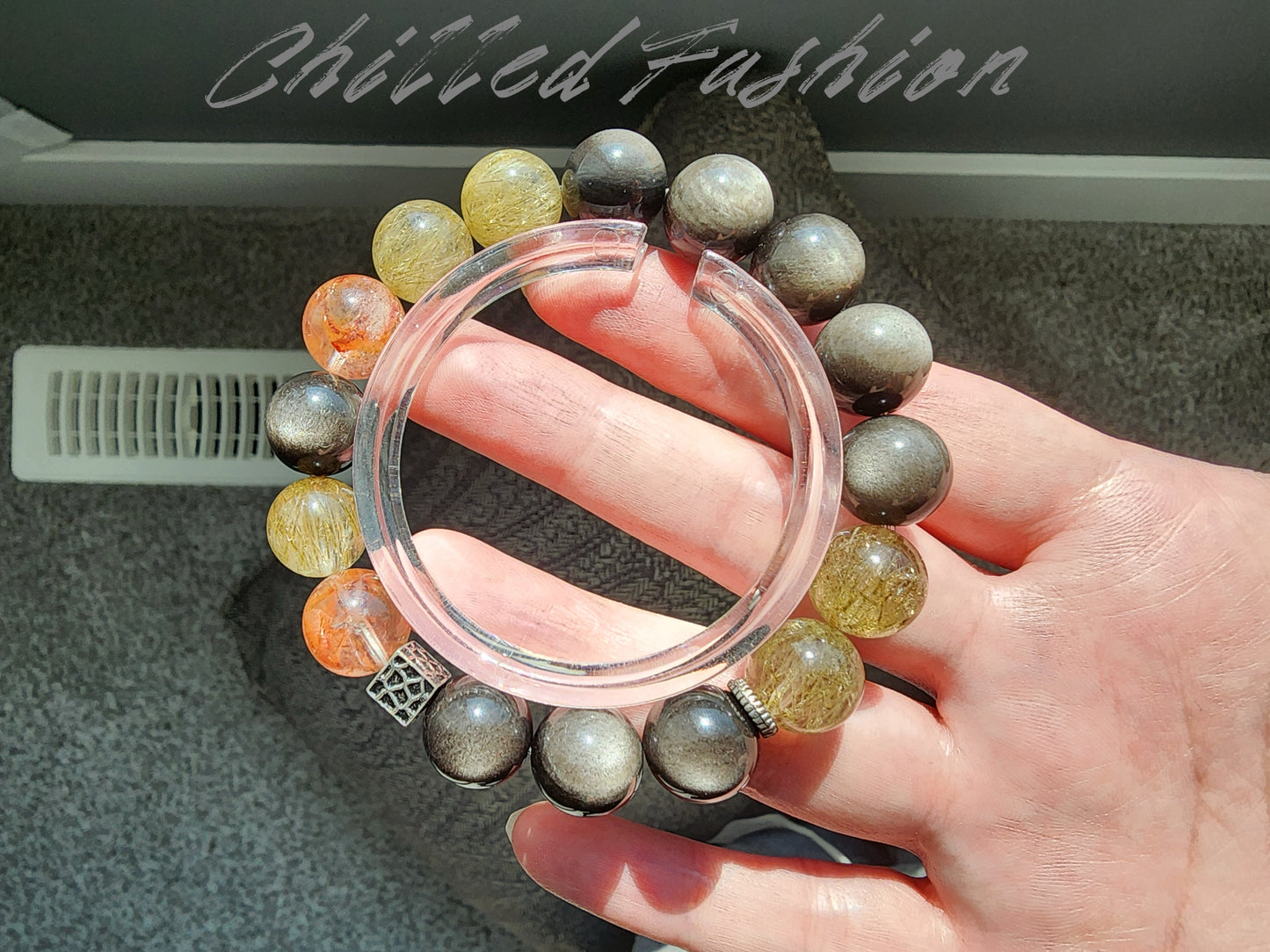 [Bracelet] 12mm Triple Gemstone Bracelet: Silver Obsidian, Green Rutilated Quartz, Red Hematoid Quartz