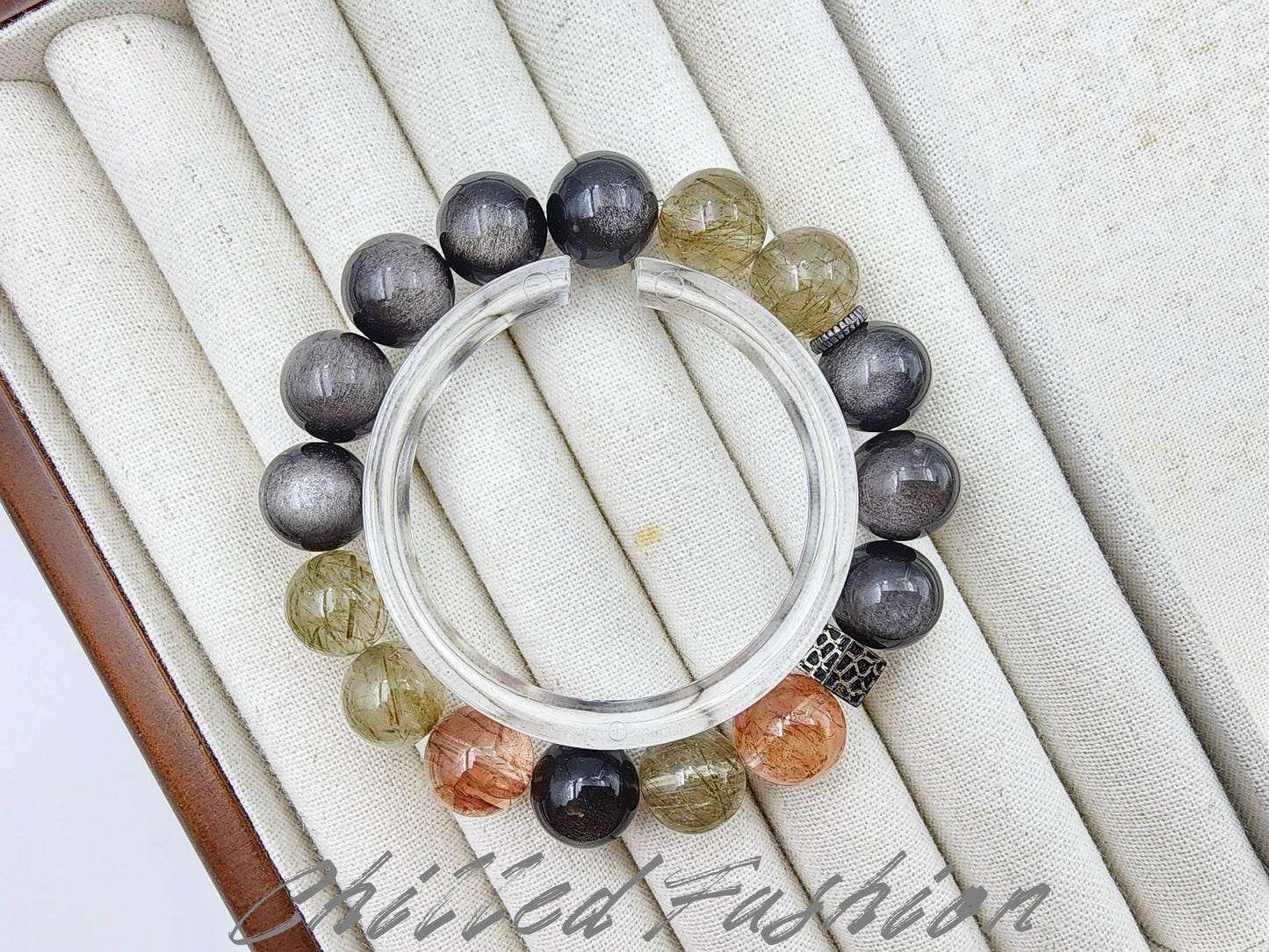 [Bracelet] 12mm Triple Gemstone Bracelet: Silver Obsidian, Green Rutilated Quartz, Red Hematoid Quartz
