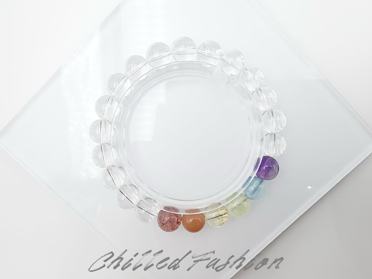 [Bracelet] 8mm Rainbow Energy Healing Bracelet: Clear Quartz with Strawberry Quartz, Orange Moonstone, Yellow Quartz, Prehnite, Aquamarine, and Purple Quartz