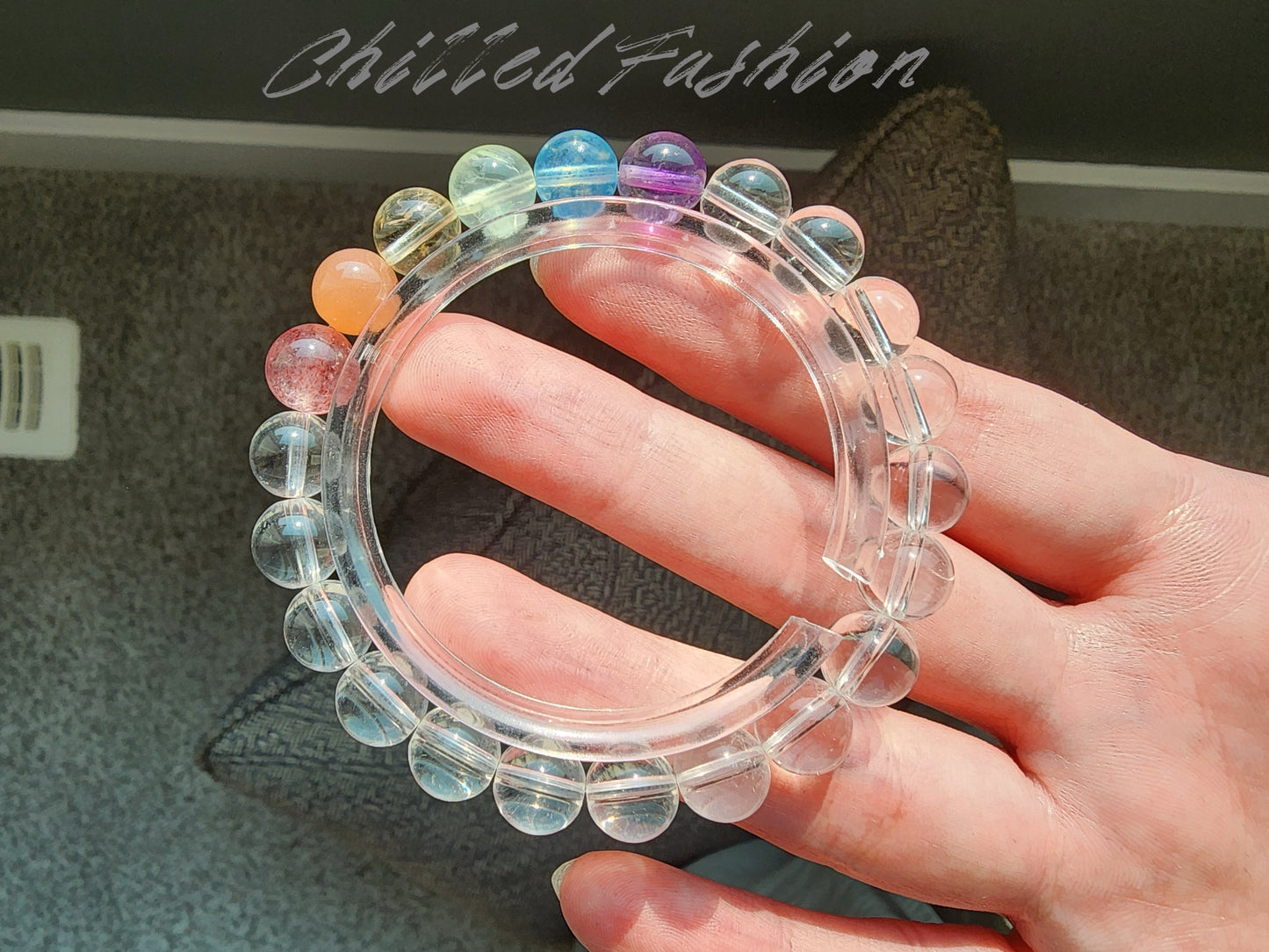 [Bracelet] 8mm Rainbow Energy Healing Bracelet: Clear Quartz with Strawberry Quartz, Orange Moonstone, Yellow Quartz, Prehnite, Aquamarine, and Purple Quartz