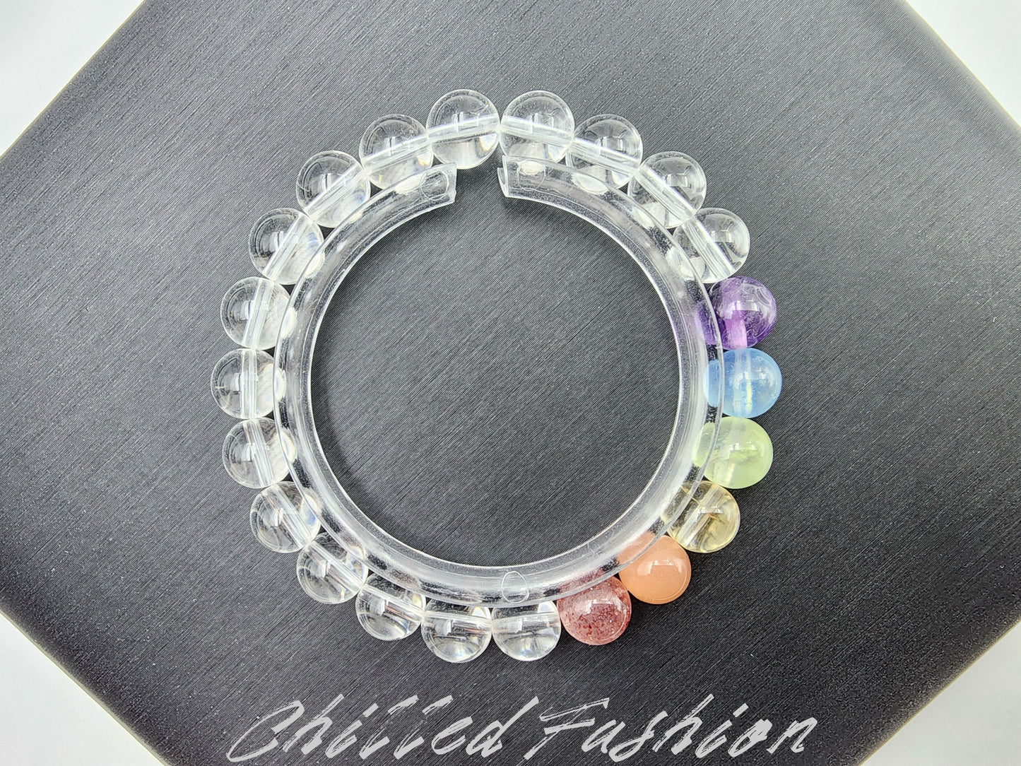 [Bracelet] 8mm Rainbow Energy Healing Bracelet: Clear Quartz with Strawberry Quartz, Orange Moonstone, Yellow Quartz, Prehnite, Aquamarine, and Purple Quartz