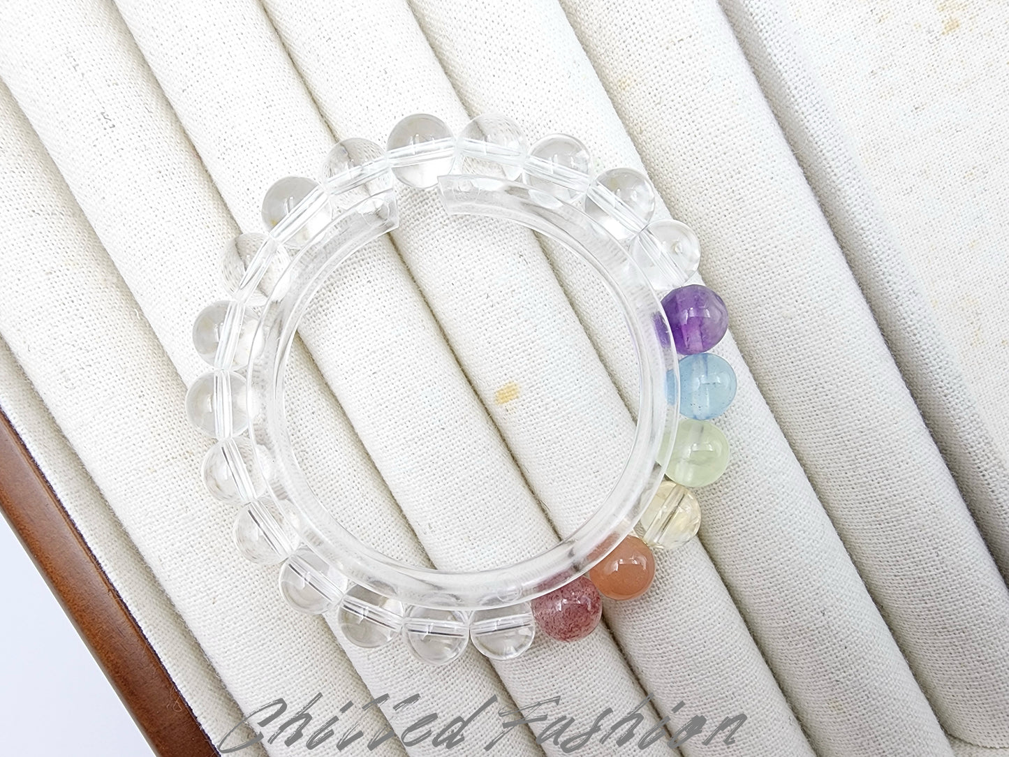 [Bracelet] 8mm Rainbow Energy Healing Bracelet: Clear Quartz with Strawberry Quartz, Orange Moonstone, Yellow Quartz, Prehnite, Aquamarine, and Purple Quartz