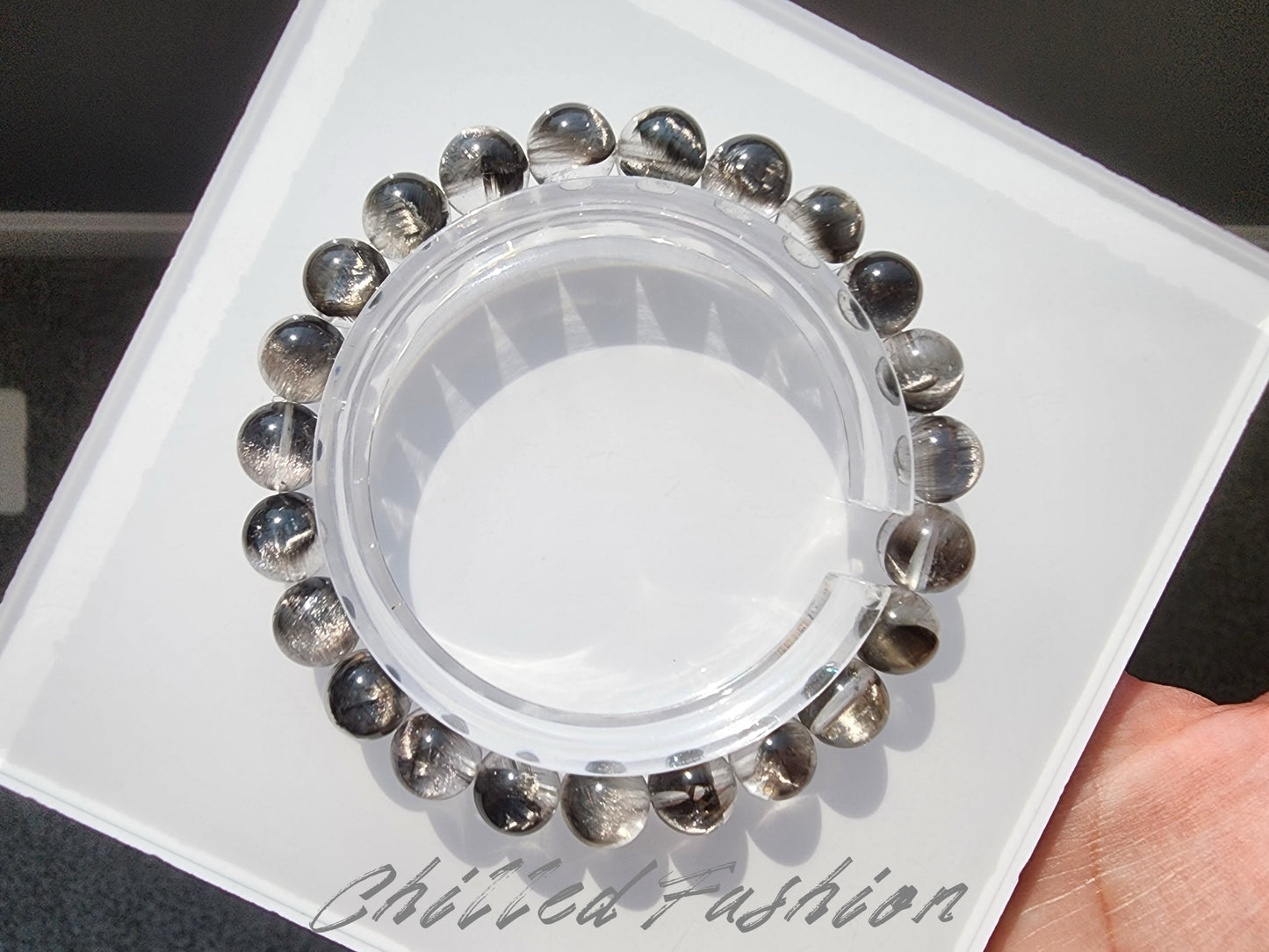 [Bracelet] 8mm Black Silver Brookite in Quartz Bracelet