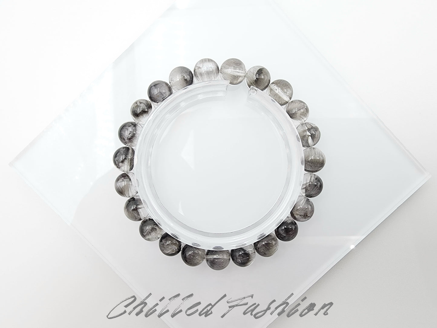 [Bracelet] 8mm Black Silver Brookite in Quartz Bracelet