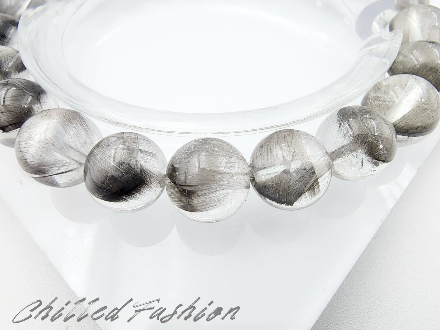 [Bracelet] 8mm Black Silver Brookite in Quartz Bracelet