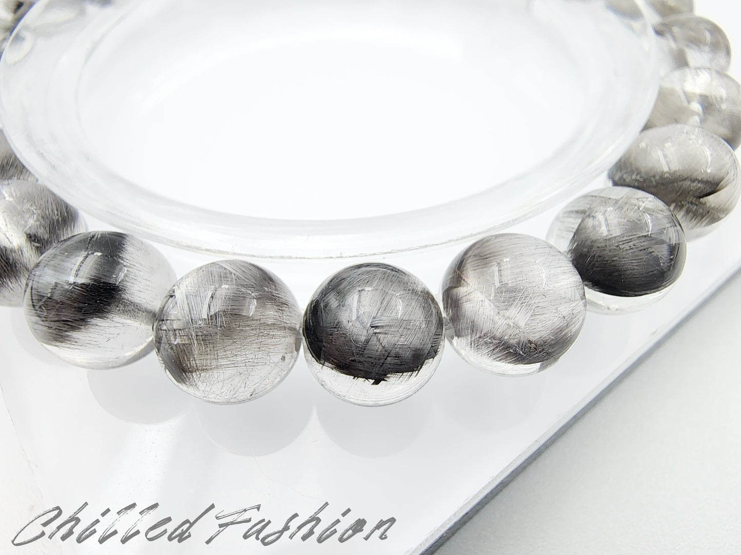 [Bracelet] 8mm Black Silver Brookite in Quartz Bracelet