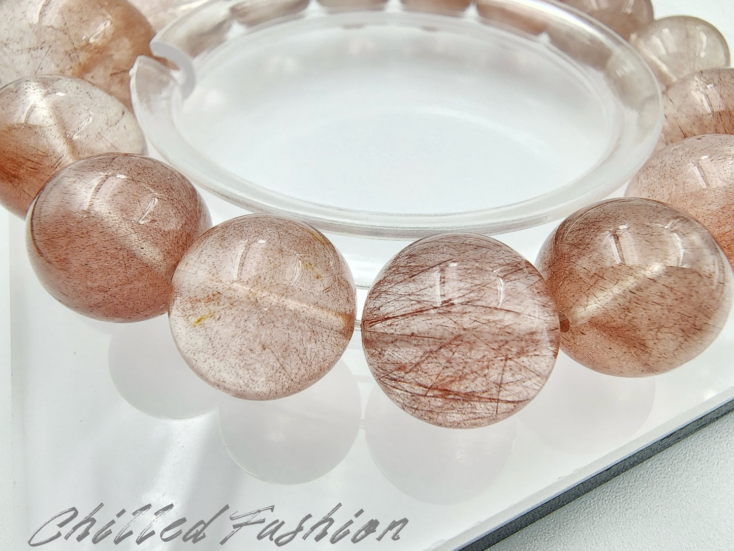[Bracelet] Pink Rabbit Hair Quartz Bracelet - 11.9mm to 17.3mm Beads