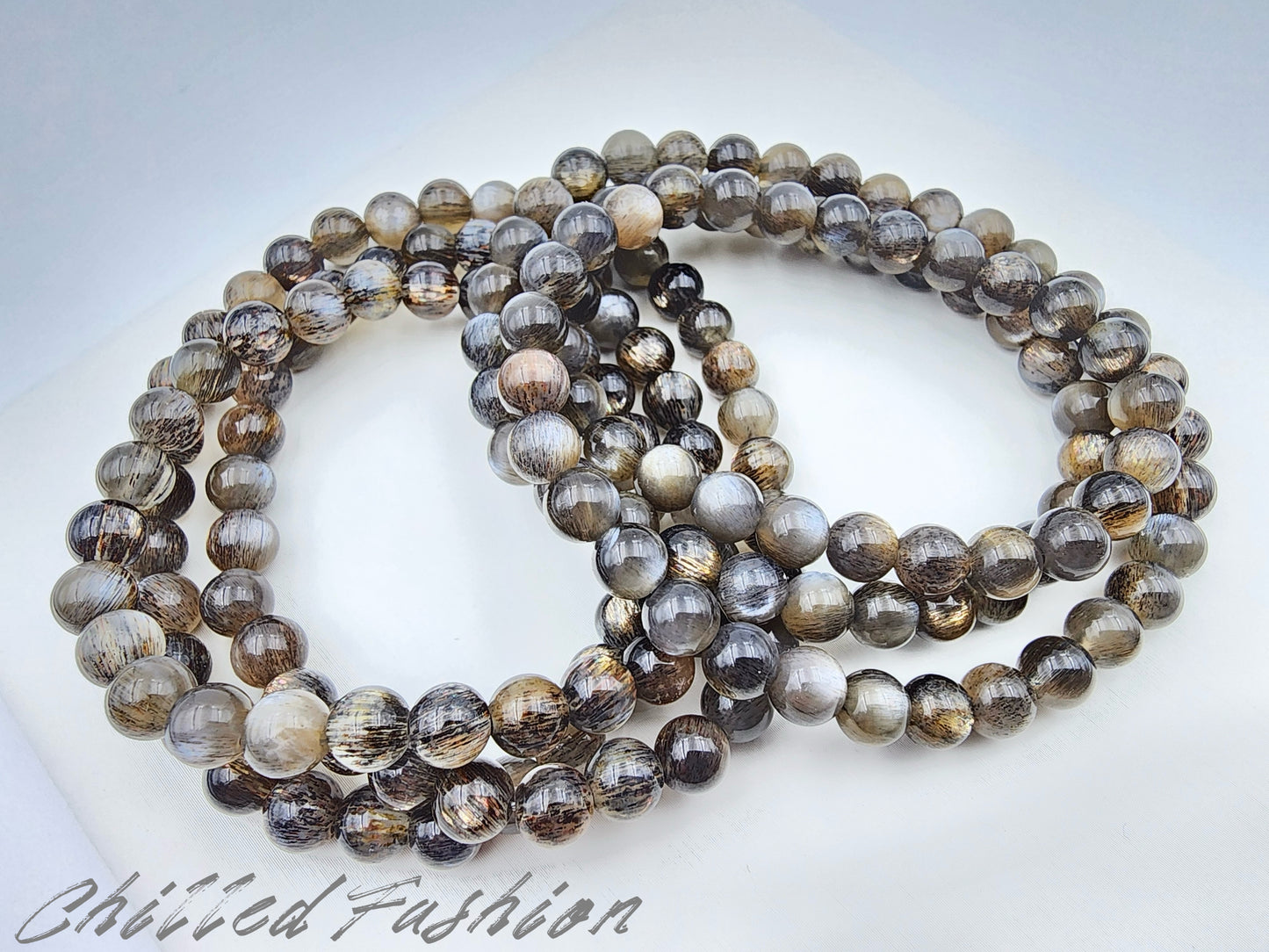 [Bracelet] 6mm Natural Black Gold Skeletal Sunstone Triple Wrap Bracelet