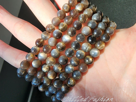 [Bracelet] 6mm Natural Black Gold Skeletal Sunstone Triple Wrap Bracelet
