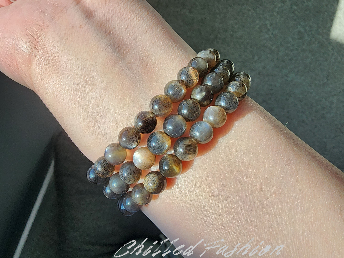 [Bracelet] 6mm Natural Black Gold Skeletal Sunstone Triple Wrap Bracelet